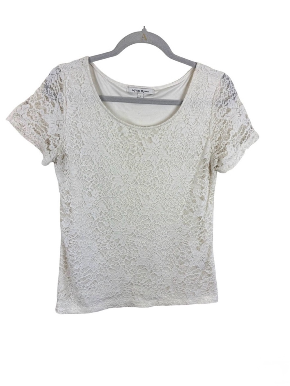 Lynn Ryan White Floral Lace Short Sleeve Scoop Neck Lined‎ Blouse Top Large